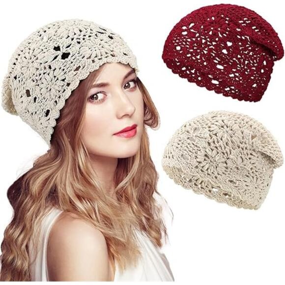 2 Pieces Floral Crochet Slouchy Beanie Hat Handmade Knit Cutout Women Floral - Picture 8 of 8